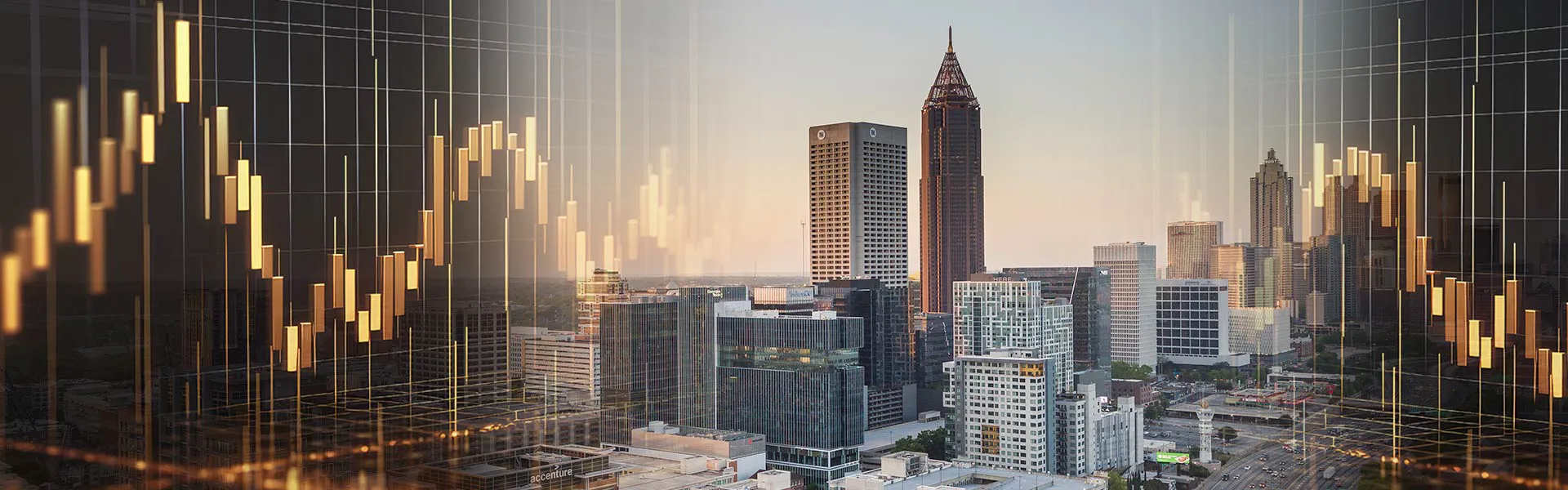 Skyline of midtown Atlanta with technical graphic effects overlaid