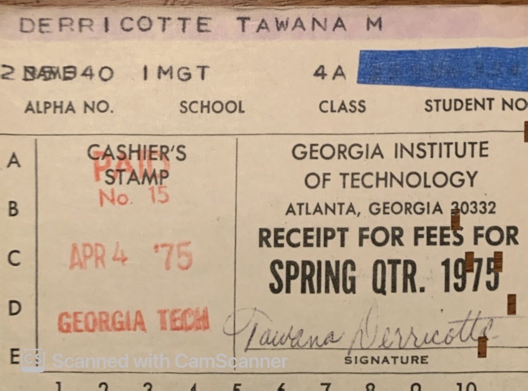 Tawana Miller's Georgia Tech fees receipt from Spring semester, dated April 4, 1975
