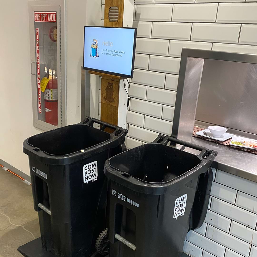 The Raccoon Eyes trash can extension installed at the West Village Dining Commons.