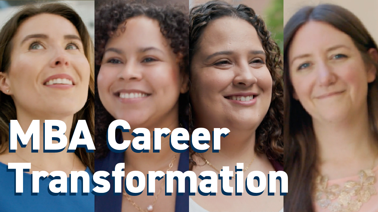 Four Scheller MBA women pose with the words "MBA Career Transformation" imposed over their images