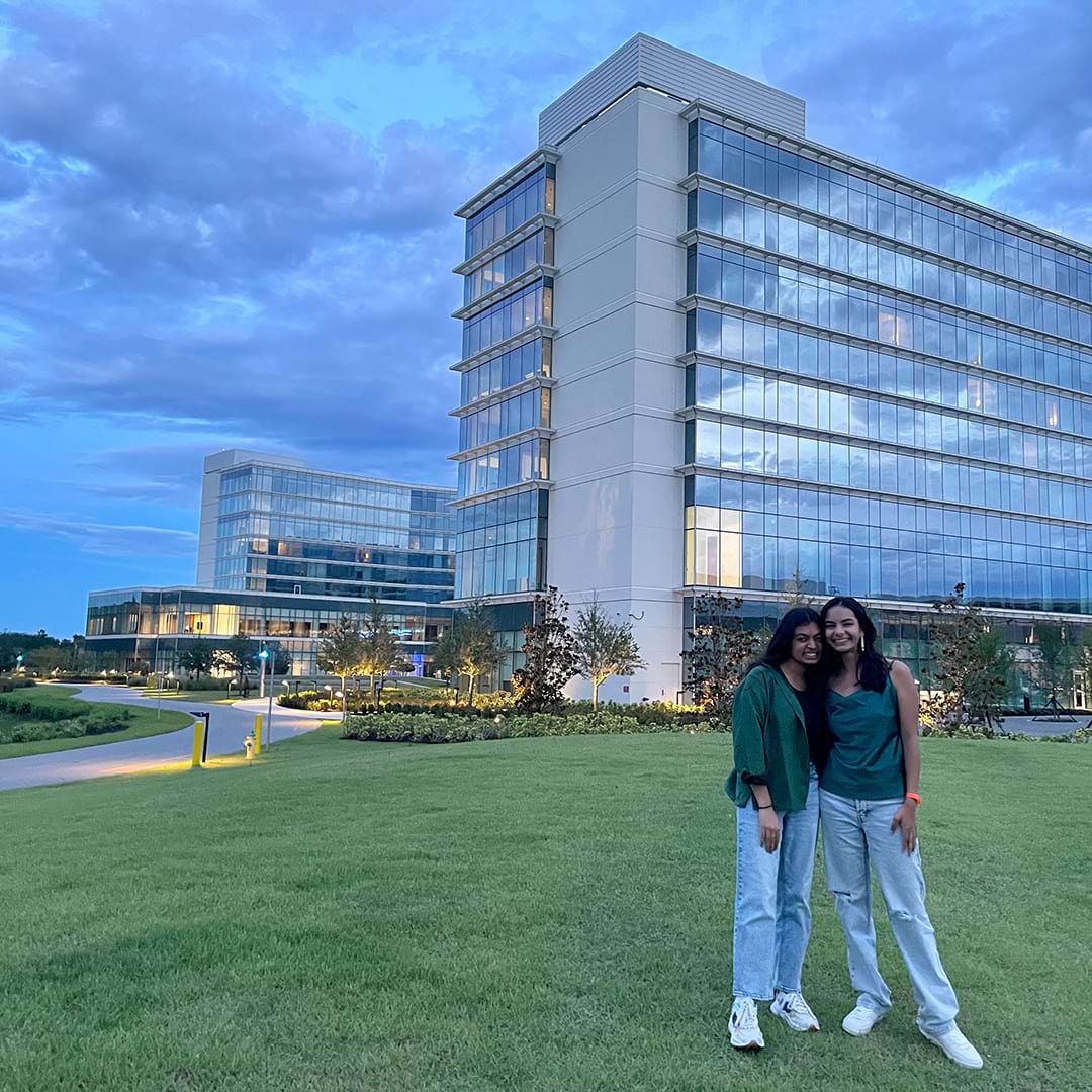 Meghana Embar with fellow intern Disha Sharma (BSBA ’22) at the KPMG Lakehouse in Orlando, Florida, during her Summer 2022 internship.