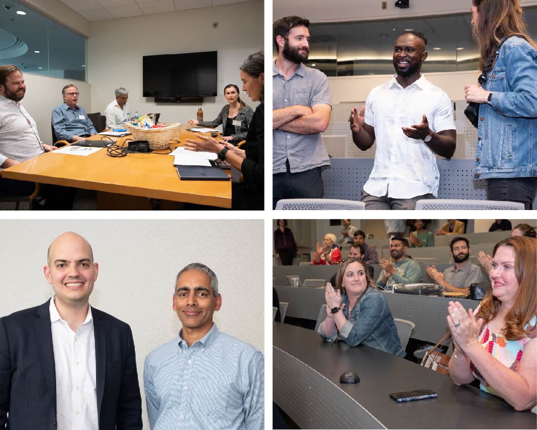 Clockwise from top left: The judges deliberate. Attendees converse after the event. The audience responds to the announcement of the winners. Co-directors Andre Calmon and Karthik Ramachandran.