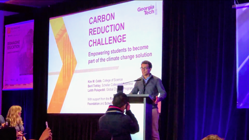 Georgia Tech's Lalith Polepeddi speaks on behalf of the Carbon Reduction Challenge at the 2018 Reimagine Education Conference & Awards' grand finale.