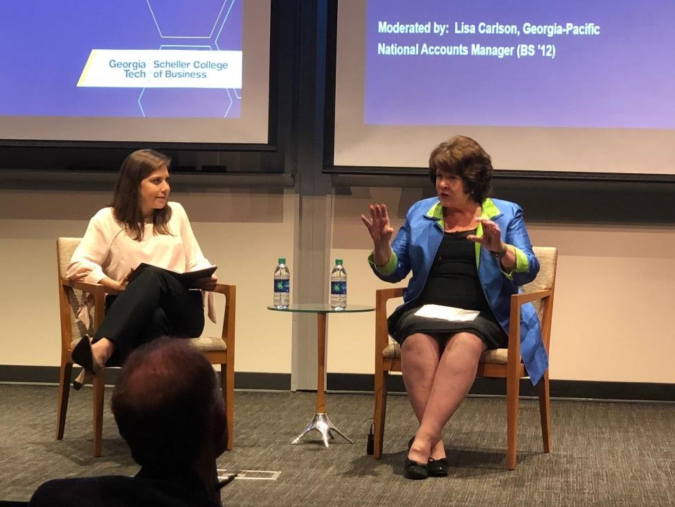 Kathy Walters (r), Group President, Consumer Products Group, of Georgia-Pacific, kicked off the Fall 2018 Impact Speaker Series.