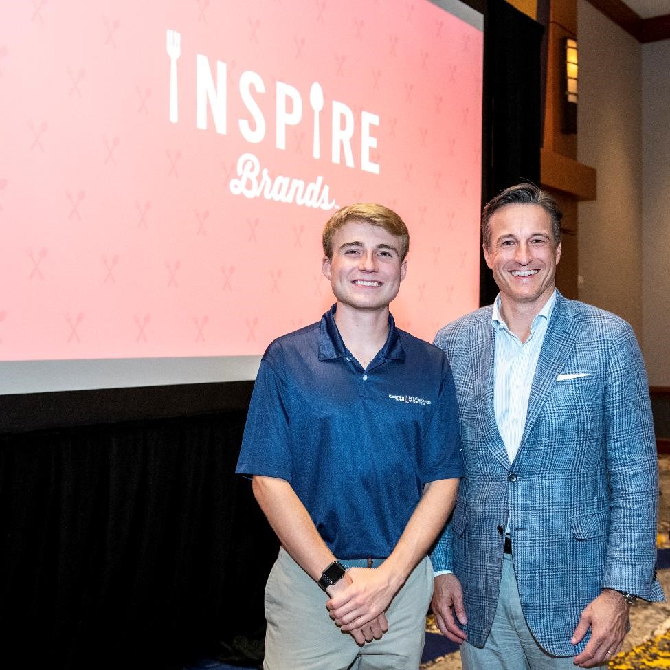 Scheller undergraduate, Cole Ormsby, and Scheller alumnus, Paul Brown, CEO of Inspire Brands, pose at Scheller’s Opening Bell earlier this year. Ormsby is a second-year Business Administration major with a concentration in Operations and Supply Chain Management.