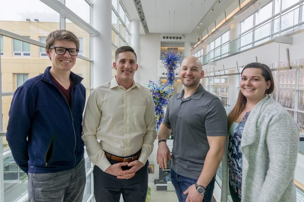 Full-time MBA students and Veterans Jamie Foss, Samuel Jerome, Lyndy Axon, and host Alex Walsh