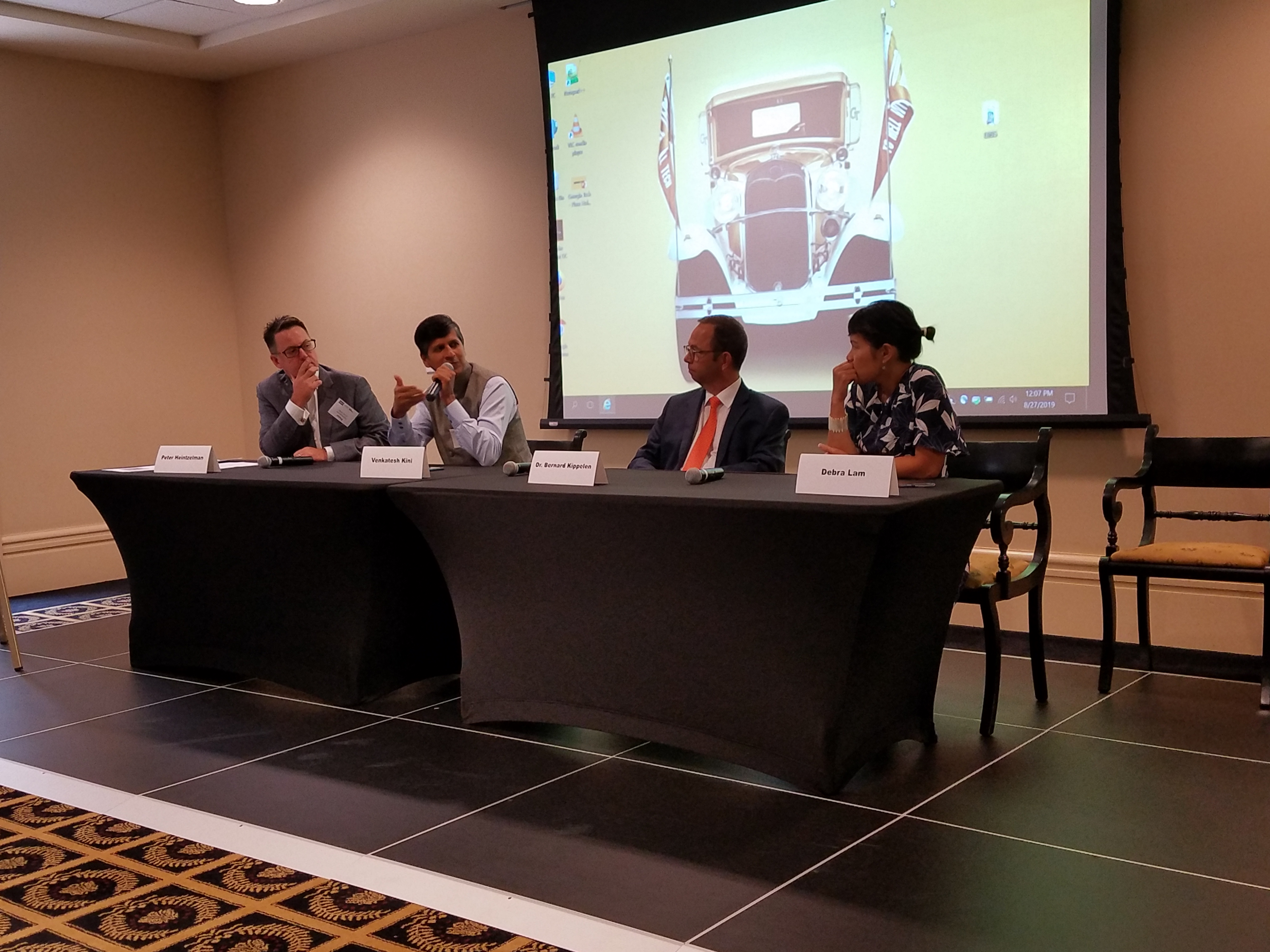 L-R-Peter Heitzelman, President & CEO, Cobb EMC, Ventakeh Kini, former CEO, Coca-Cola India & Co-founder, Ubuntoo, Dr. Bernard Kippelen, Joseph Petit Professor of Electrical Engineering, (GT) & President, Institute Lafayette, France, and Debra Lam, Managing Director of Smart Cities & Inclusive Innovation for Georgia Tech