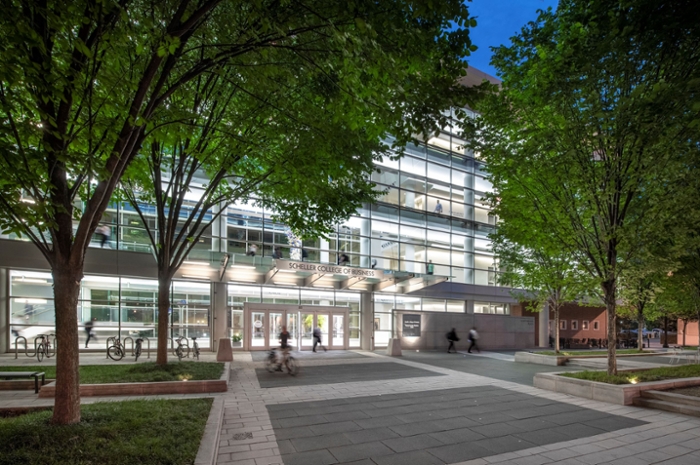 Entrance of Scheller College at night