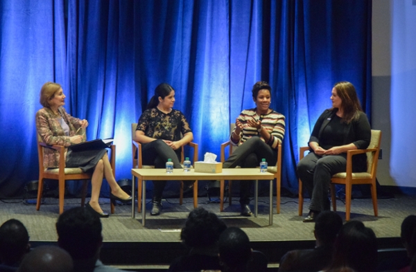 Dean Maryam Alavi, Dr. Nicole Cabrera Salazar, Nicole M. Jones and Emma Hind seated on stage