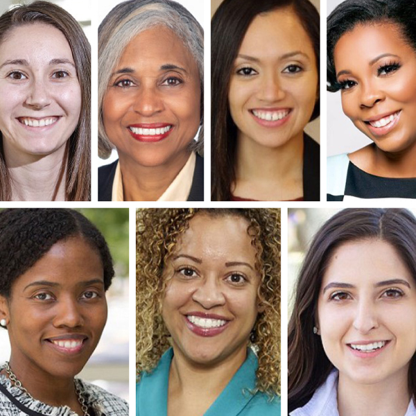 Katie Badura, Gail Greene, Kerri Nauth, Natasha Reed. Bottom left to right: Ursula Reynolds, Arianna Robinson, Mary Eve Spirou headshots