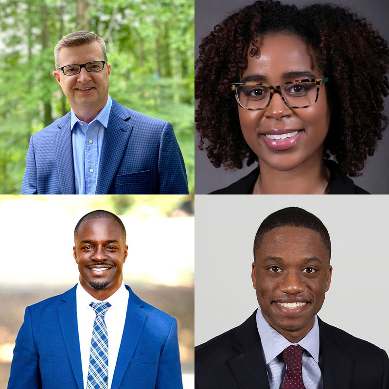Four incoming Executive MBA students, from left to right: Gregg Gibbs, Danielle Hall, Dante Jackson, and O’Neal Wanliss
