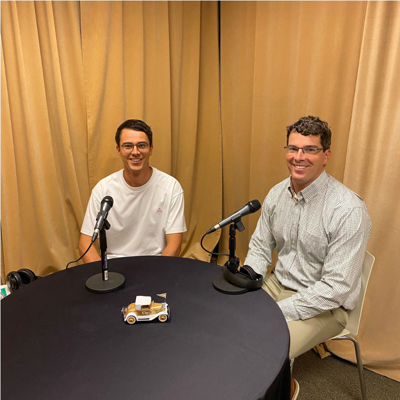 Leo Haigh and Professor Robbie Moon sit down to record a podcast episode.