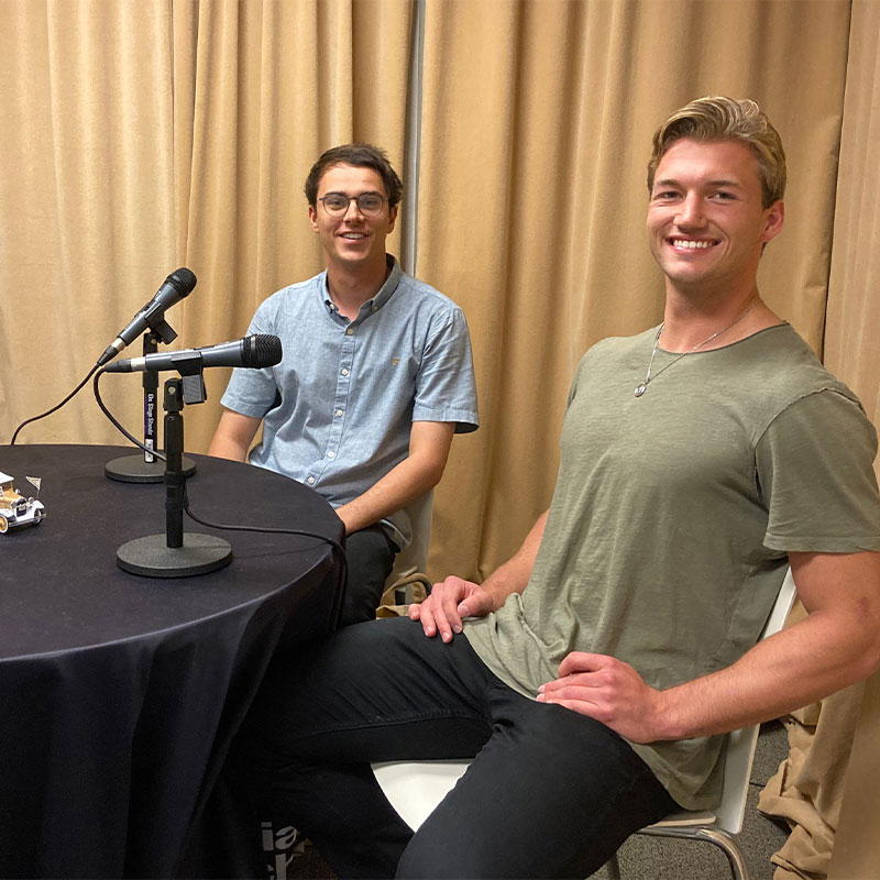 Podcast host Leo Haigh with undergraduate students Mason Hinckley