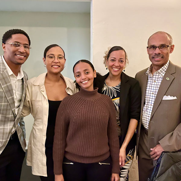Photo of Kashis Mends-Cole, MBA ’23, and Blacks in Business Club president, Leah Cabrera, MBA ‘24 , Gallila Agajyelleh, MBA ‘24, Arianna Robinson, MBA ’18, Assistant Director, Business Operations for the Ray C. Anderson Center for Sustainable Business, and Kevin Stacia, Corporate Relations Manager for the Jones MBA Career Center. 