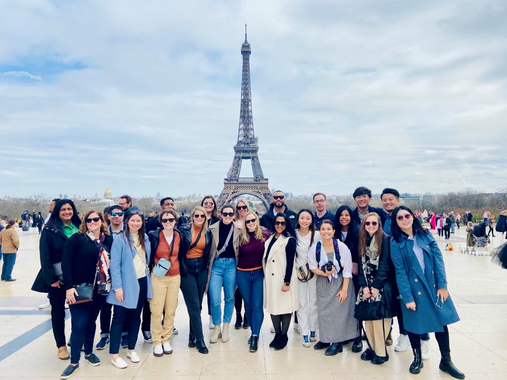 Scheller MBA students in Paris, France in front of the Eiffel Tower