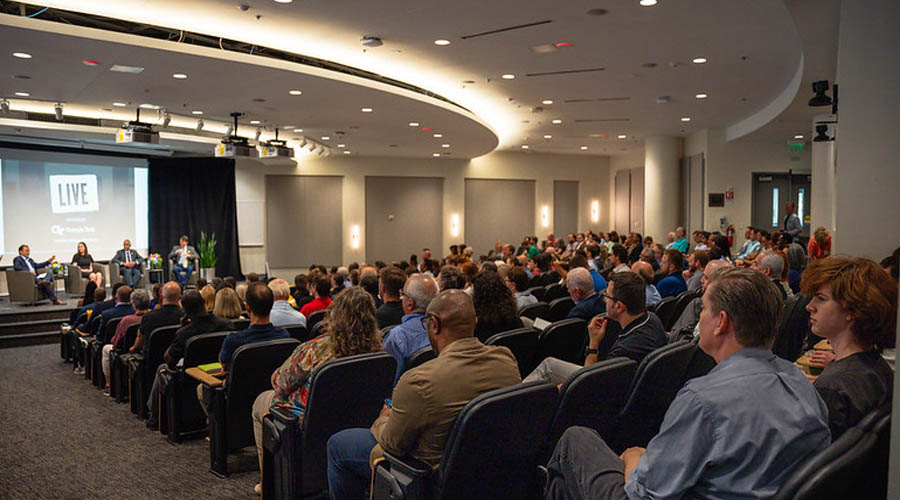 Audience members at the fireside chat with Amy Webb