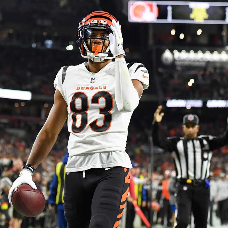 Cincinnati Bengals wide receiver Tyler Boyd wearing the LZRD Tech arm sleeve during a football game.