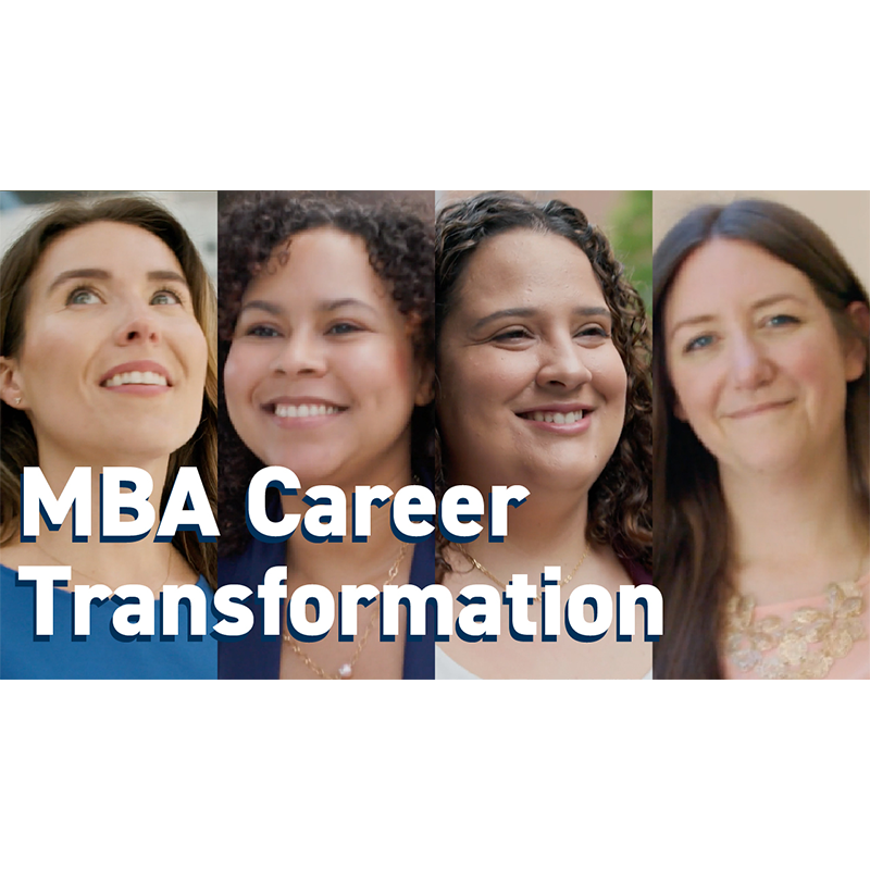Four Scheller MBA alumnae smile with the words “MBA Career Transformation” imposed over their images