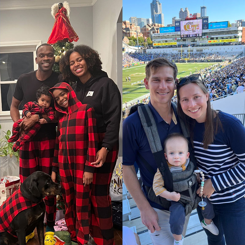 Danielle Hall (EMBA ’23), left, and Catherine Weems (Evening MBA ’23) both pictured with their families.