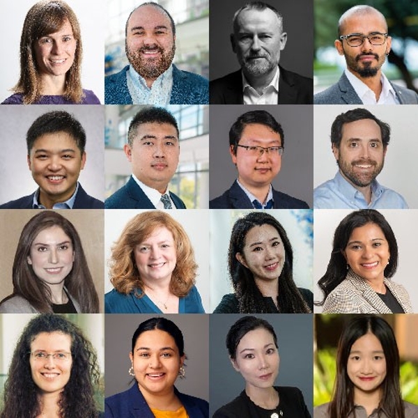 Collage of 16 new faculty. First row, left to right: Charlotte Alexander, Justin Blann, David Burke, Abhishek Deshmane Second row, left to right: Zhaohu (Jonathan) Fan, Xindi He, Pan Li, David McArthur Third row, left to right: Zahra Mobini, Christy O'Neill, Hyunsun Park, Neeli Shah Fourth row, left to right: Reemon Silverman, Sharada Sridhar. Nan Zhao, Mingxi Zhu