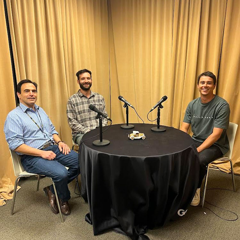 Podcast host Leo Haigh with Michael Oxman, managing director of the Ray C. Anderson Center for Sustainable Business, and Bill Landefeld, second-year MBA student and vice president of the MBA Net Impact Club.