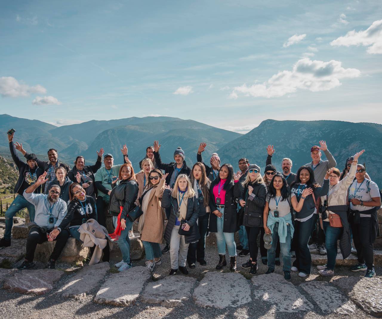 A group Georgia Tech Executive MBA alumni posing together in Greece