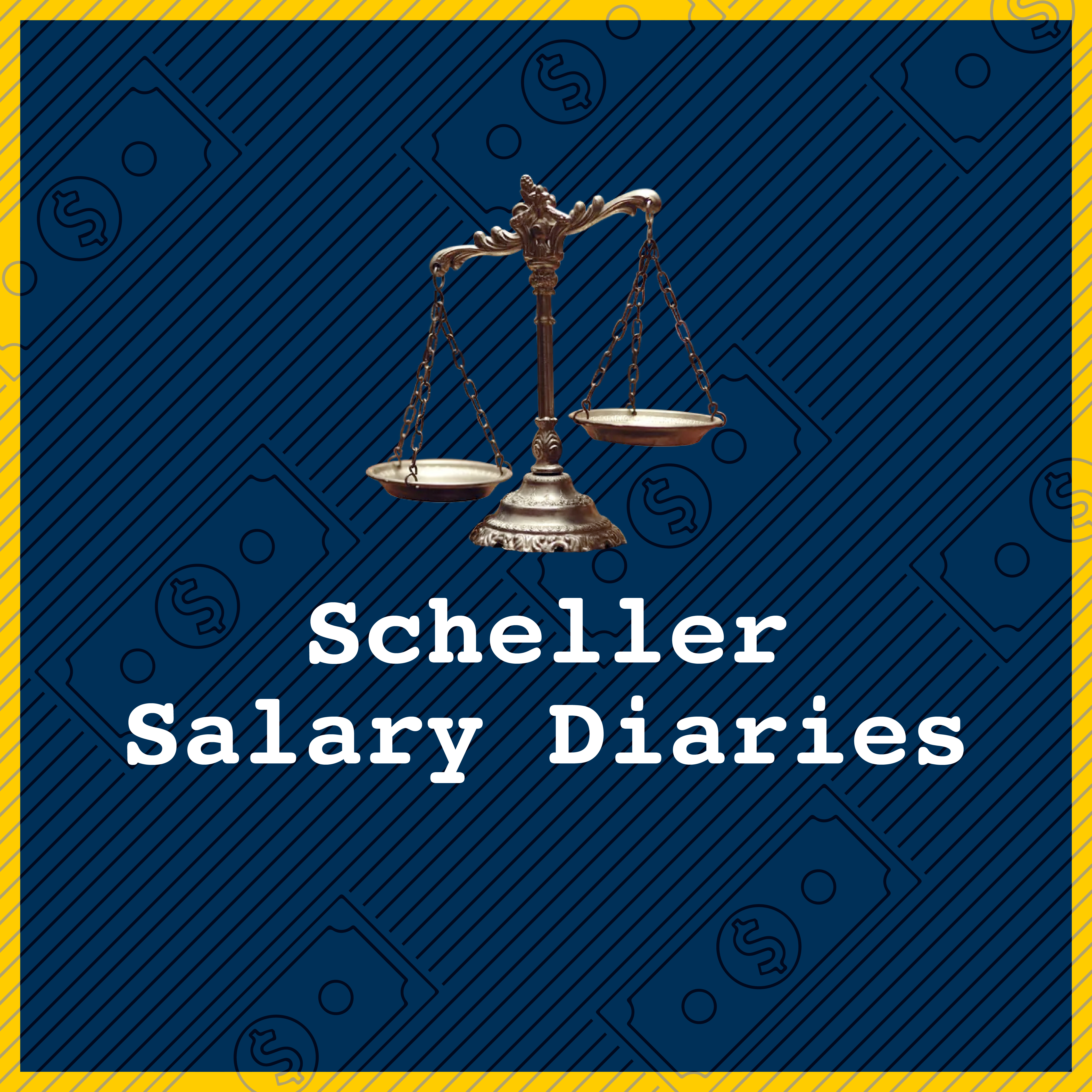 Scheller Salary Diaries with a tilted scale representing the legal system.