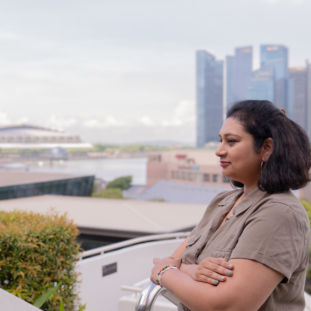 Indu Priya Uppala, Executive MBA ’25, stares out over the Tech Square skyline
