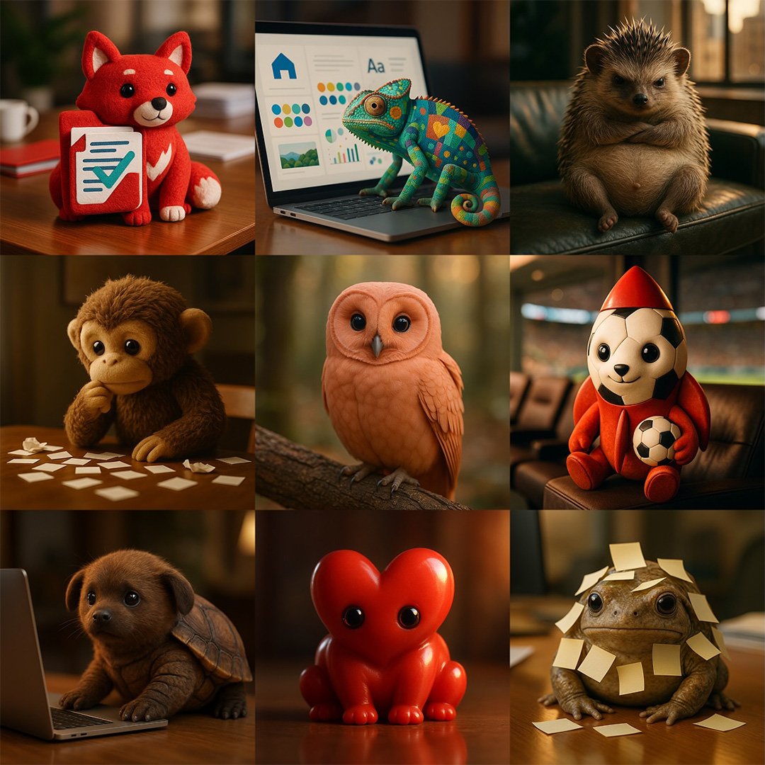 Nine headshots of AI-generated creatures created by the marketing transformation studio Creature, inspired by team meetings.