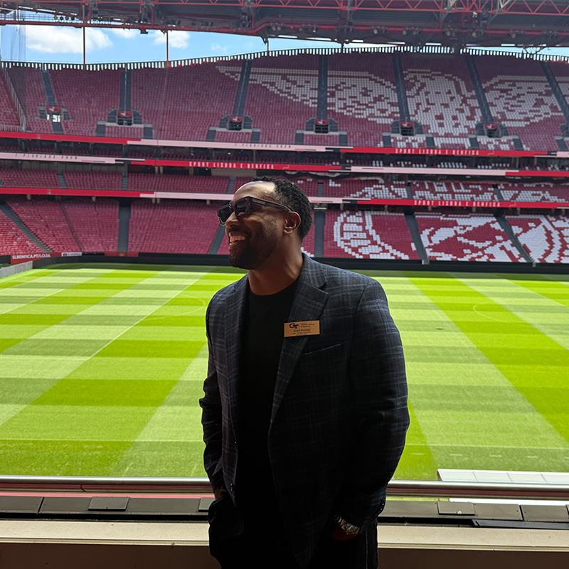 Josef Dorsey visits a soccer stadium on the Executive MBA International Residency.