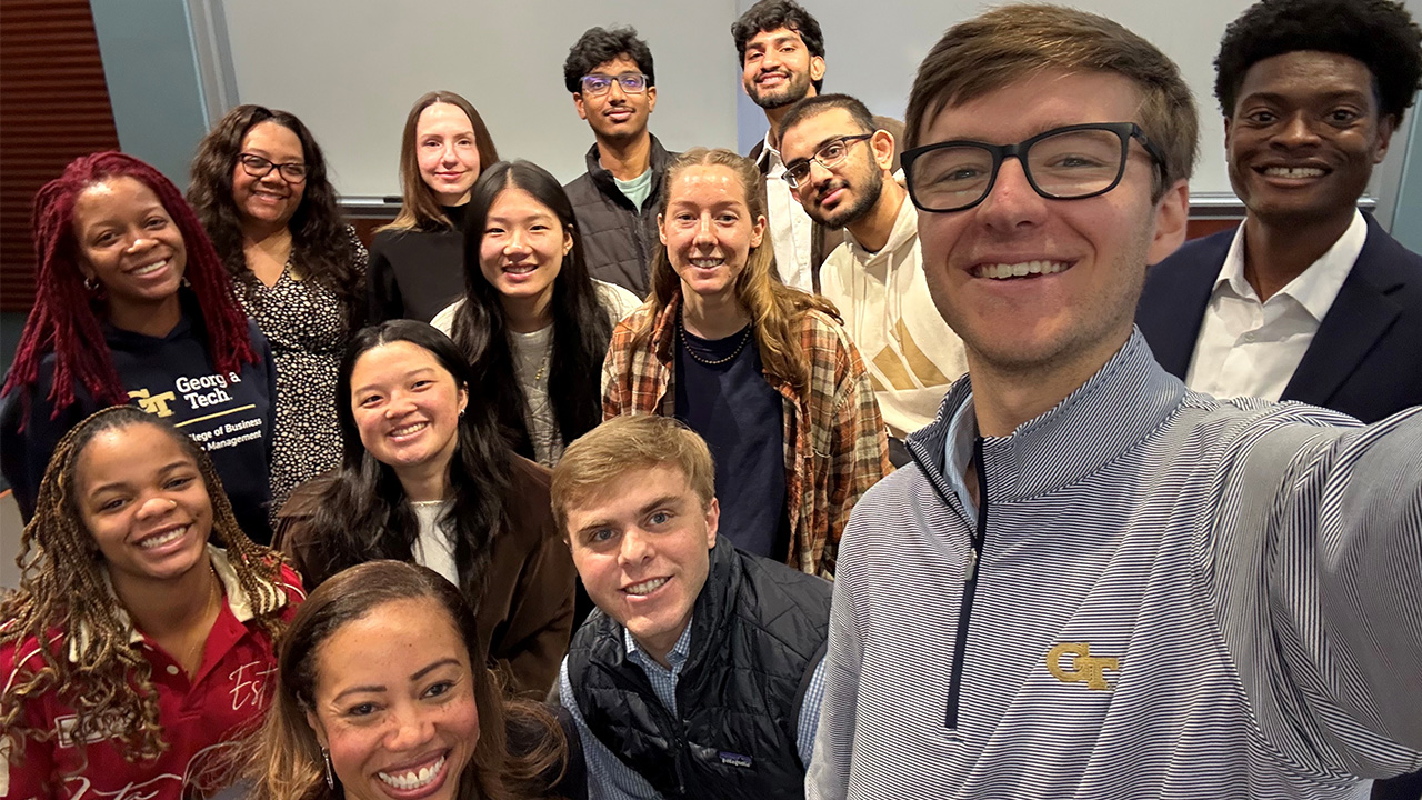 MSMGT students gather after a class at the Scheller College of Business