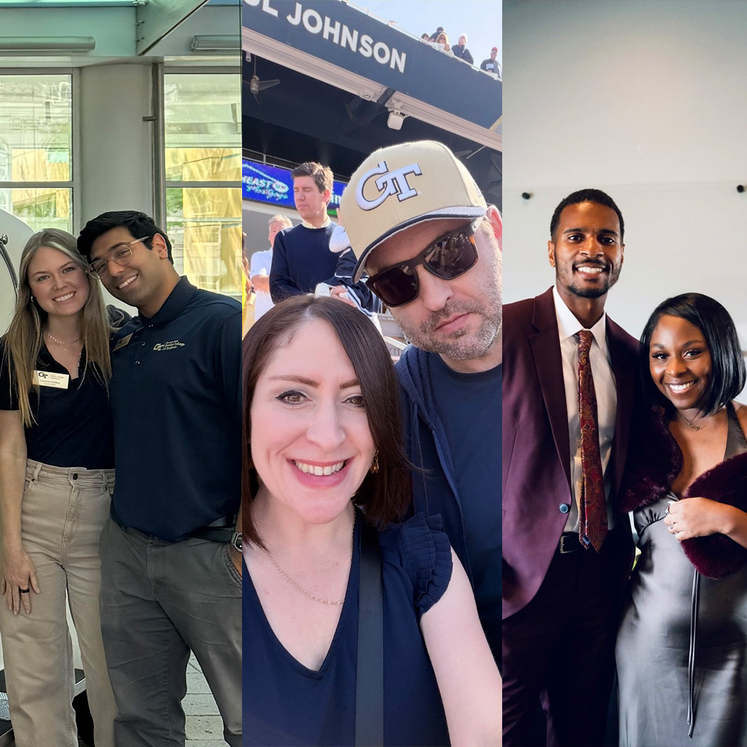 Three Scheller MBA couples, including Full-time MBA students Lauren Dasher and Prem Rupawala; Executive MBA students Rikkelle and Jared Schulte; and Evening MBA students Mariah Maxie and Ryan Smith