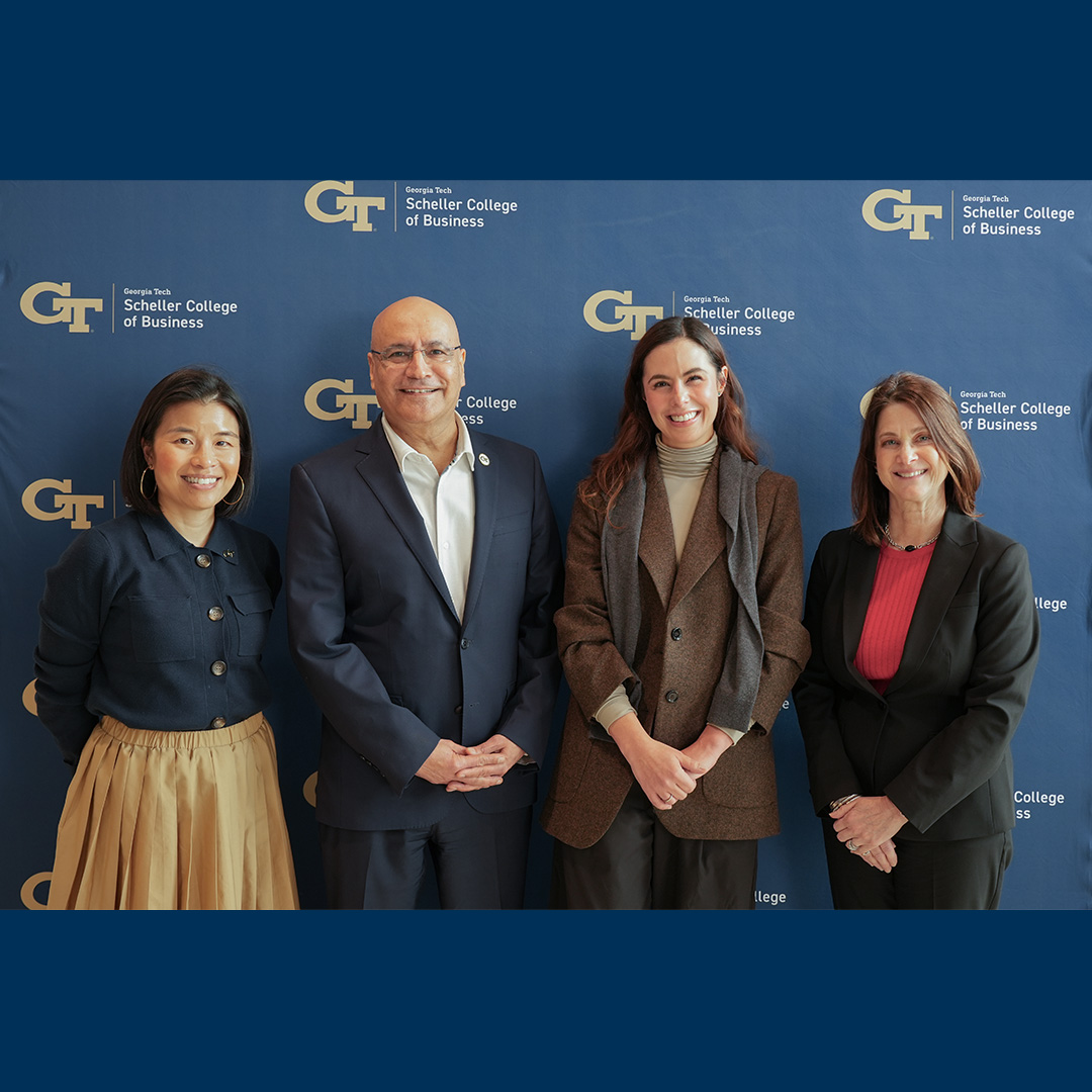 Melody Lee, CMO of Mercedes-Benz USA; Scheller College of Business Dean Anuj Mehrotra; Maria Elisa Botero, CMO of Nutresa; and Jeannine Haas, CMO of Gulfstream Aerospace gather at the February 27 Tech Talks Business session.