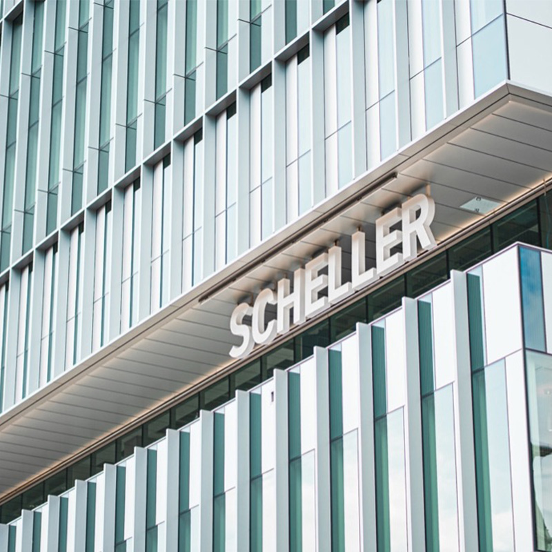 The Scheller sign on the Scheller Tower building. 