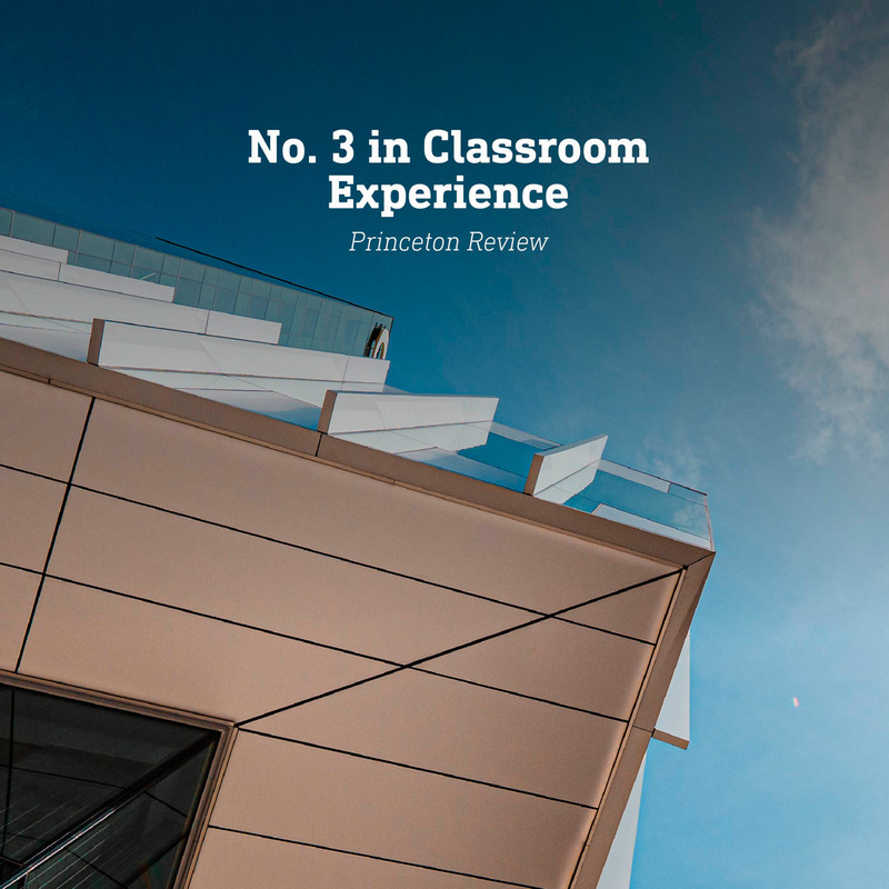Low-angle view of a Georgia Tech building against a blue sky with text reading, “No. 3 in Classroom Experience, Princeton Review.”