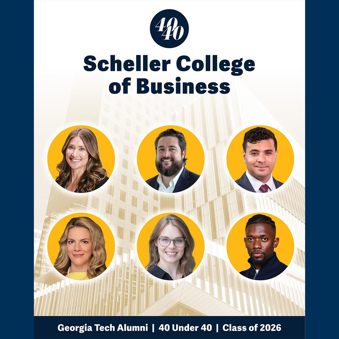 Six Scheller College of Business alumni are featured in circular photos with a yellow background, including Katie Deutschler, Tyler Epps, Andrew Eskander, Candice Broce, Maria Roche, and Malcolm Danmola.