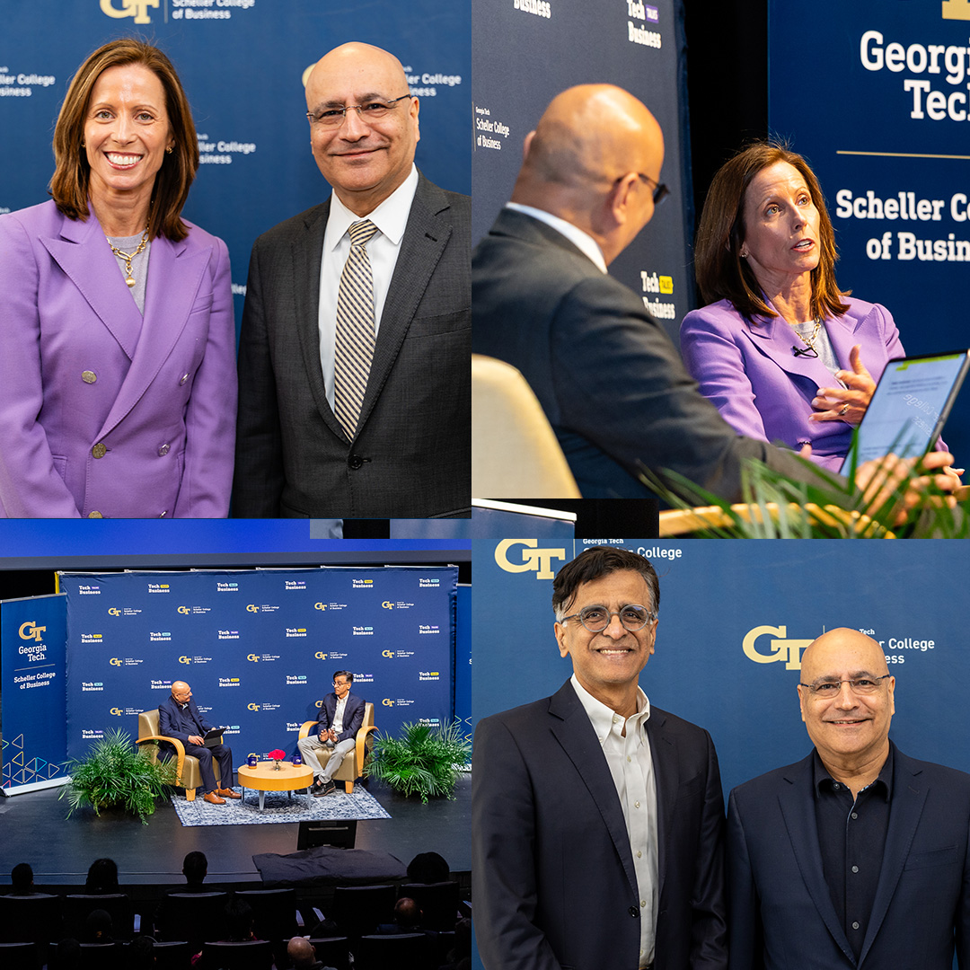 Four photos of Tech Talks Business sessions featuring Adena Friedman, Chair, CEO of Nasdaq; and Sridhar Ramaswamy, CEO of Snowflake.