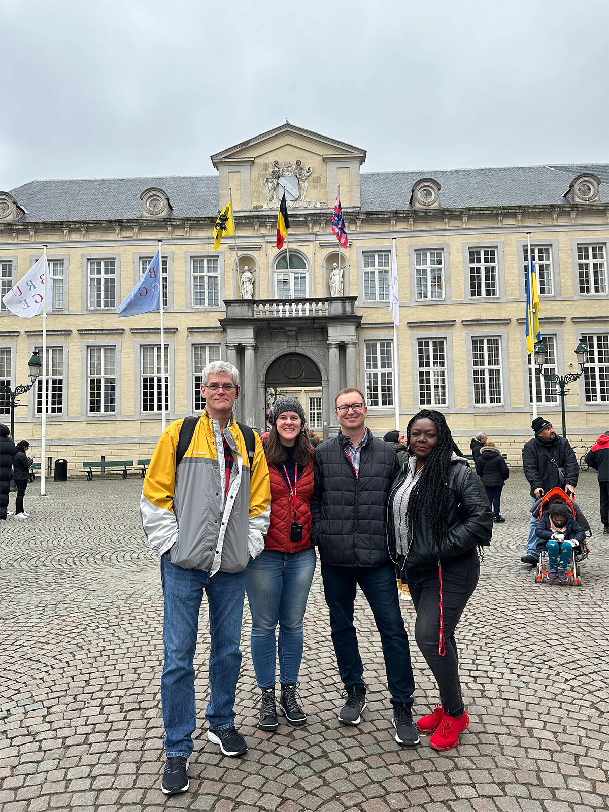 Bob Burgess, Anne Lynch, John Stanford, and Sheena Brown in Bruges, Belgium; March 2023