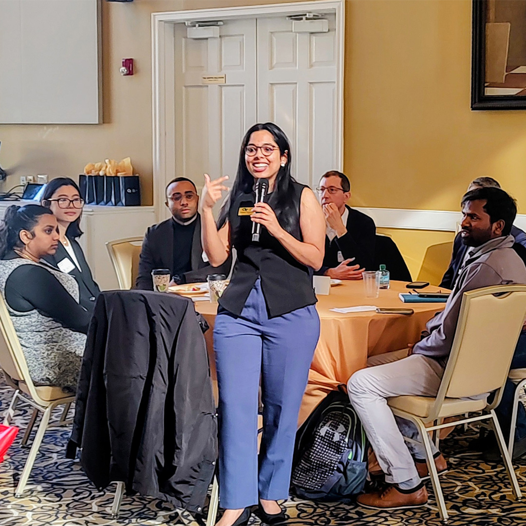 Roshina Rafee, Evening MBA ’26, asks a question at the Entrepreneurship Industry Roundtable in March 2026.