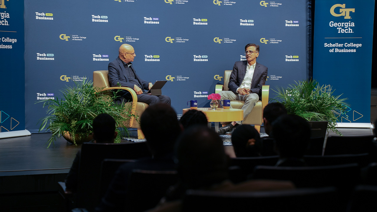 Four photos of Tech Talks Business sessions featuring Adena Friedman, Chair, CEO of Nasdaq; and Sridhar Ramaswamy, CEO of Snowflake.