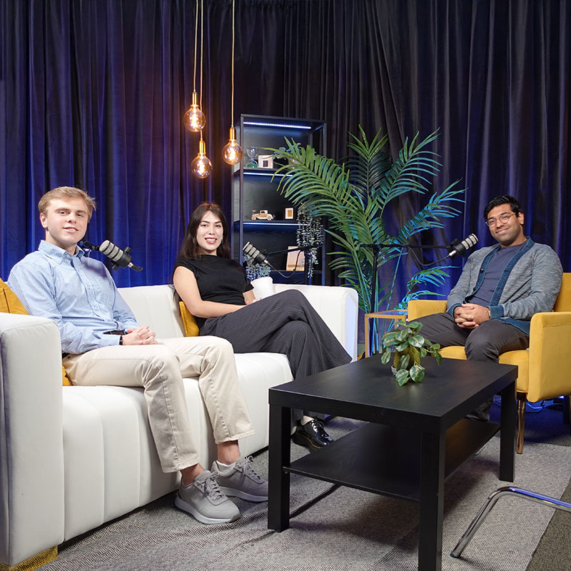 Two M.S. Major in Management students and a podcast host discussing the M. S. Major in Management  program at Scheller