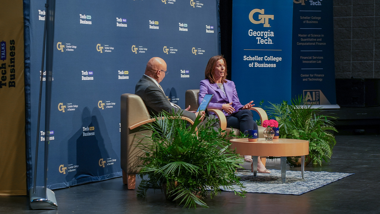 Four photos of Tech Talks Business sessions featuring Adena Friedman, Chair, CEO of Nasdaq; and Sridhar Ramaswamy, CEO of Snowflake.