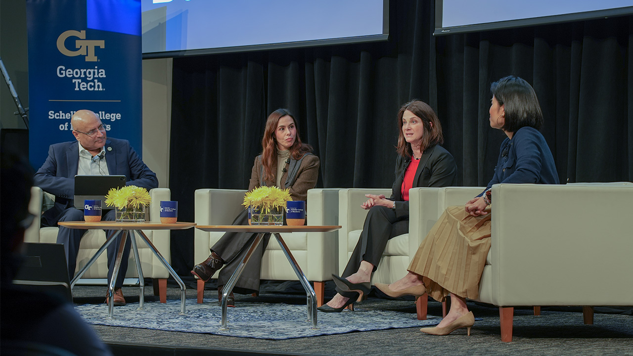 Melody Lee, CMO of Mercedes-Benz USA; Scheller College of Business Dean Anuj Mehrotra; Maria Elisa Botero, CMO of Nutresa; and Jeannine Haas, CMO of Gulfstream Aerospace gather at the February 27 Tech Talks Business session.