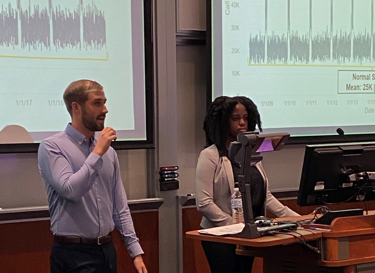 Evening MBA Students Barry Weaver and Amber Arthur, members of the Call Center Cohort team, answer audience questions about the data collected during their holiday call center forecasting study.
