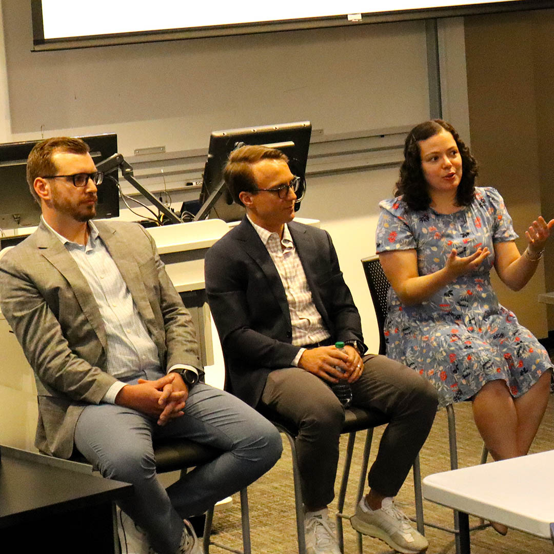 Analytics experts shared career inspiration at the recent Graduate Business Analytics Club event. The alumni panel included Nathan Hombroek, Shelton Blease, and Rachel Wiseley