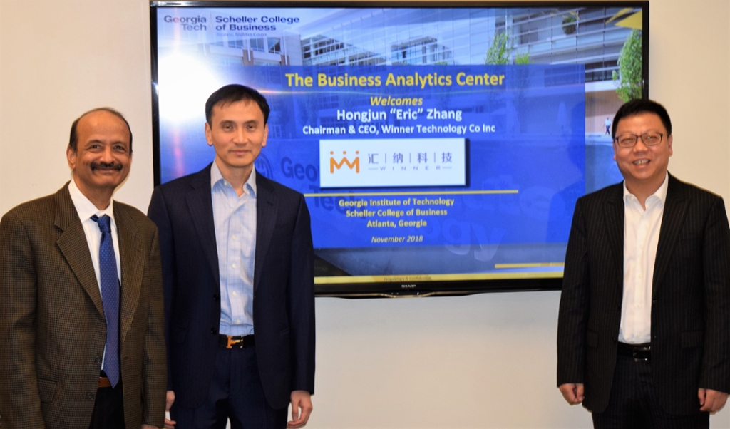 From L to R: Prof. Sri Narasimhan & Prof. Jeffrey Hu, Faculty Co-Directors of the Business Analytics Center @ Scheller College of Business, Hongjun Eric Zhang, Chairman & CEO of Winner Technology Co.of Shanghai China