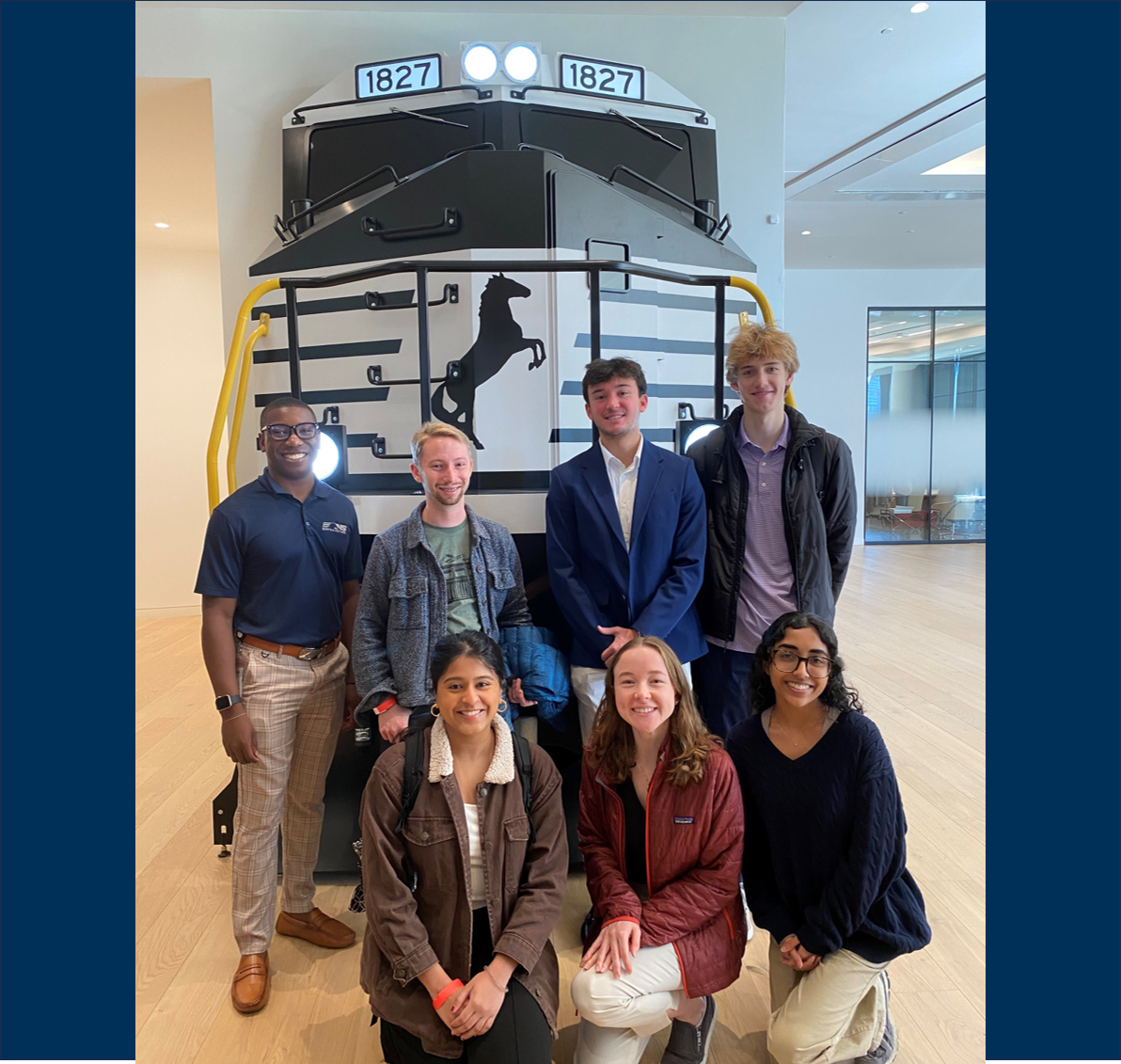 (Back row from L to R:) Norfolk Southern's Craig Conyers and UBAC team members Luke Ruane, Dillon Roberts (UBAC vice president of special projects), and Hank Hudson. (Front row from L to R: Anjali Shajan, Caitlin Gorman (UBAC co-president), and Nitika Gupta (UBAC vice president of event planning). 