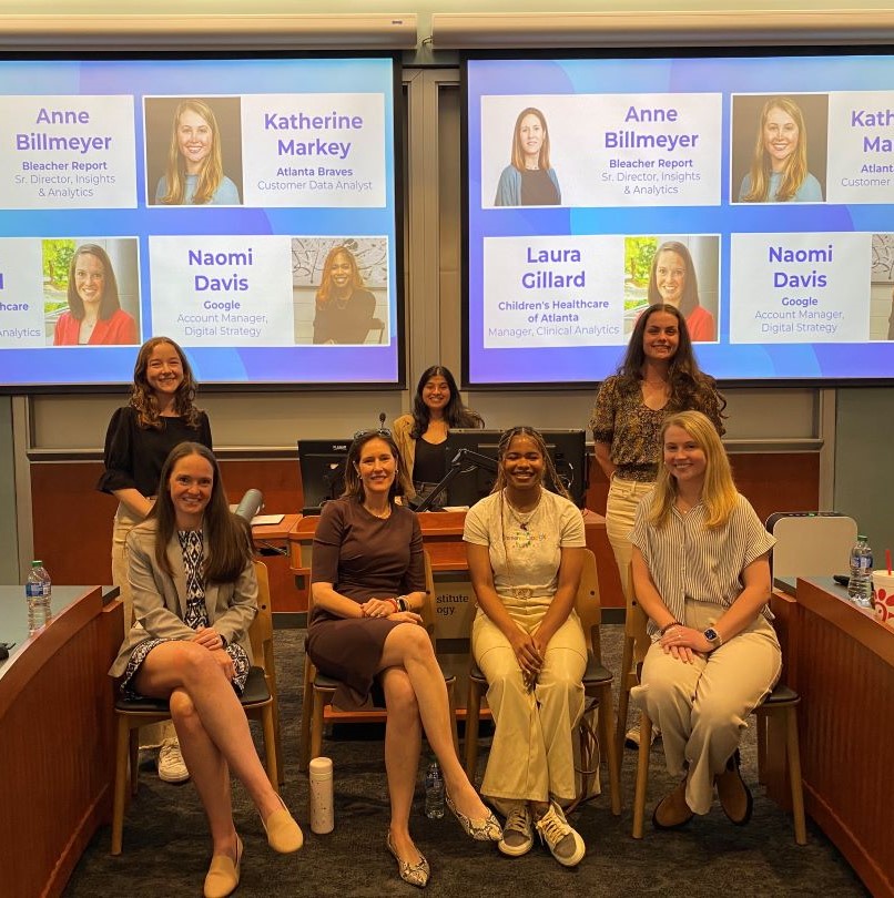 UBAC leadership (back row): Caitlin Gorman, Natasha Havanur, and Bella Christman; Panelists (front row): Laura Gillard, Anne Billmeyer, Naomi Davis, and Kathryn Markey.