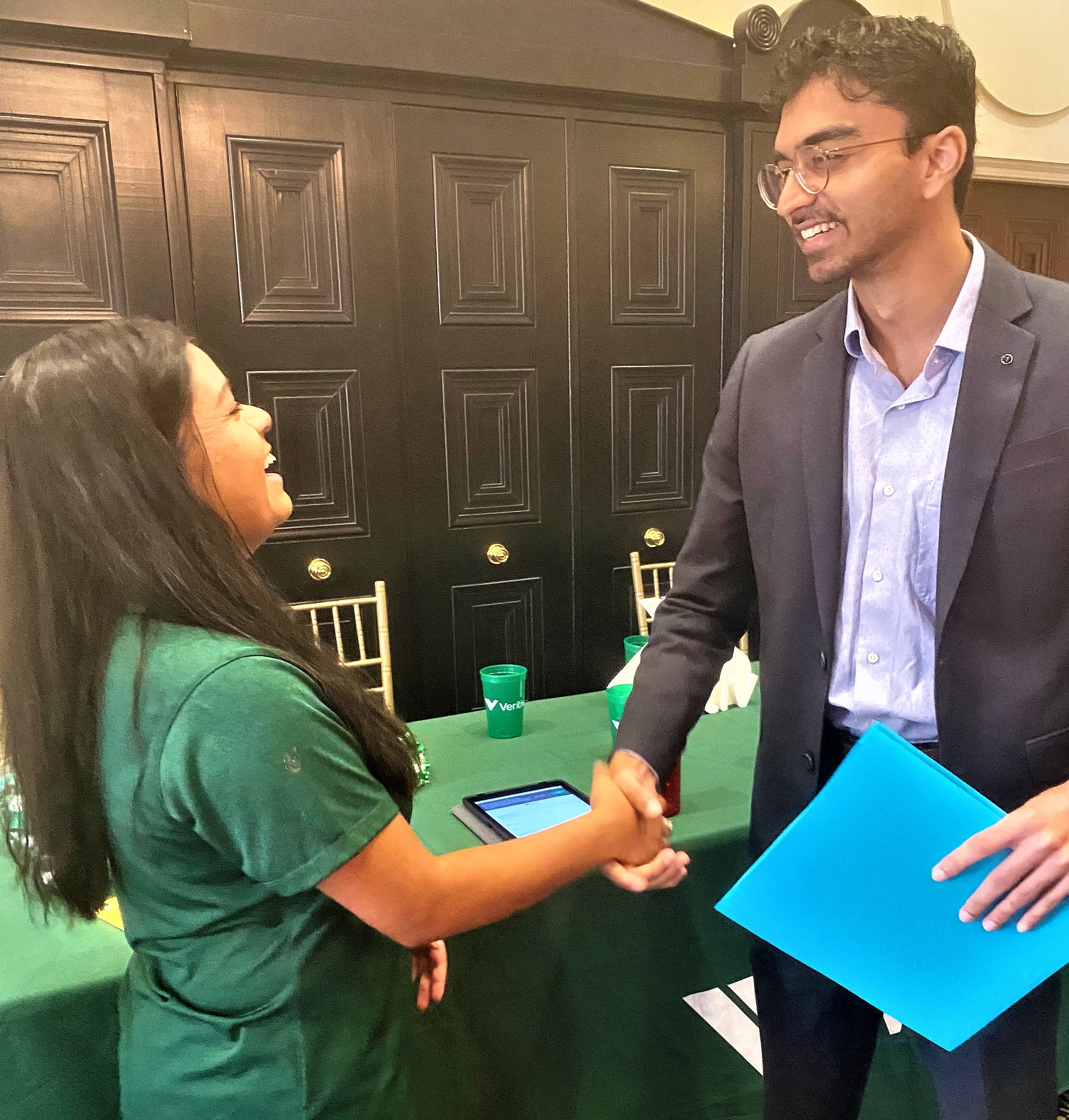 Veritiv's Shreya Patel discusses job opportunities with one of the 150 Georgia Tech students who attended the career fair.