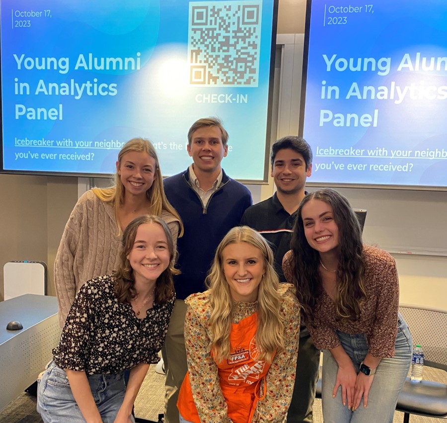 UBAC leadership and Young Alumni panelists. 1st row: Caitlin Gorman, (UBAC co-president), Sadie Frame, Bella Christman, (UBAC co-president; 2nd row: Kristin Szalkowski, Charlie Ruhl, Matt Pacifico